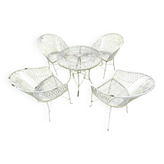 Salon de jardin italien mobilier vintage, table et 4 chaises en fer forgé