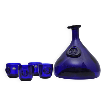 Carafe et tasses Viking en bleu cobalt, Holmegaard Glasværk, 1962