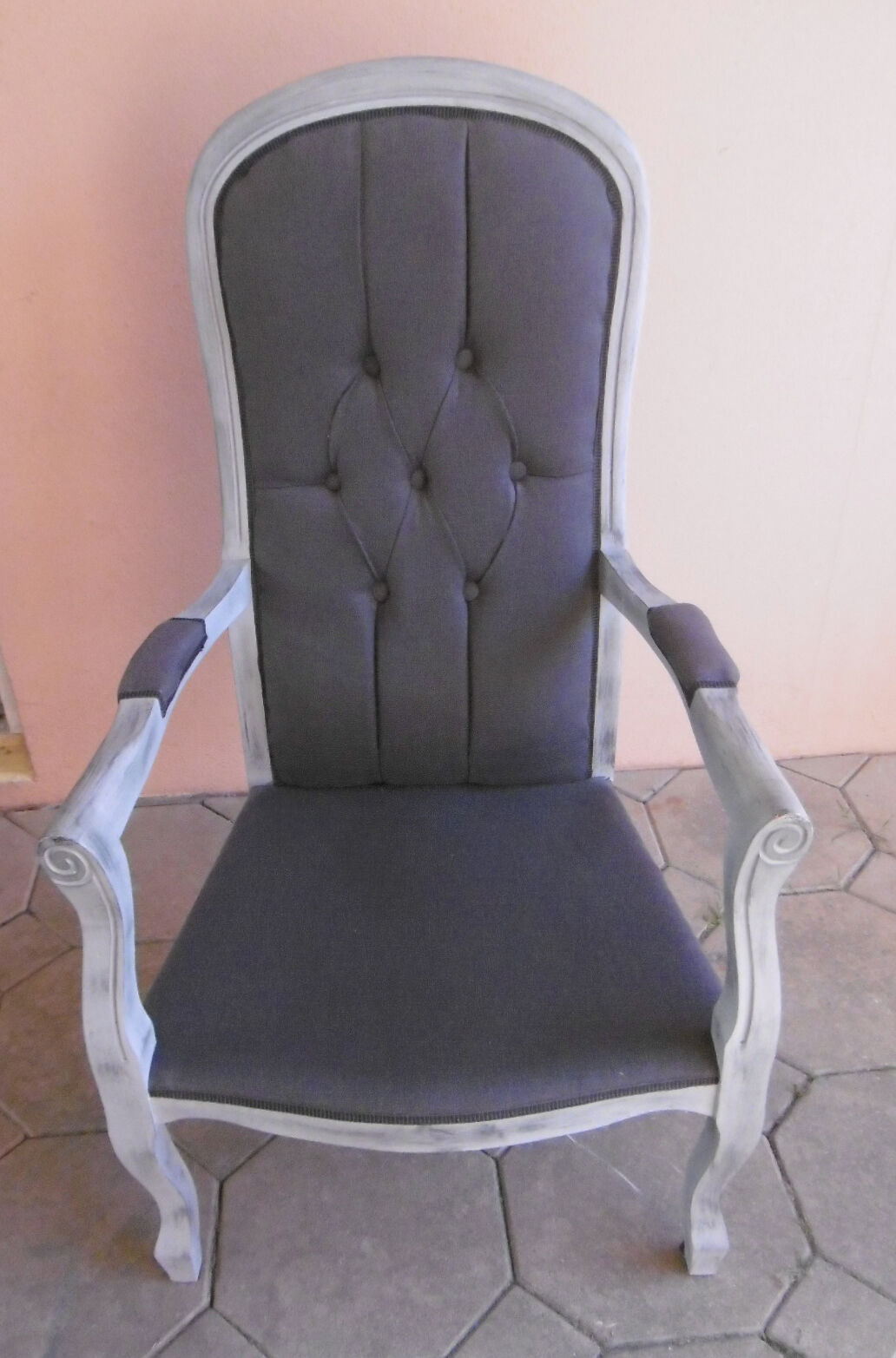 GREY PATINATED VOLTAIRE ARMCHAIR AND ANTHRACITE FABRIC