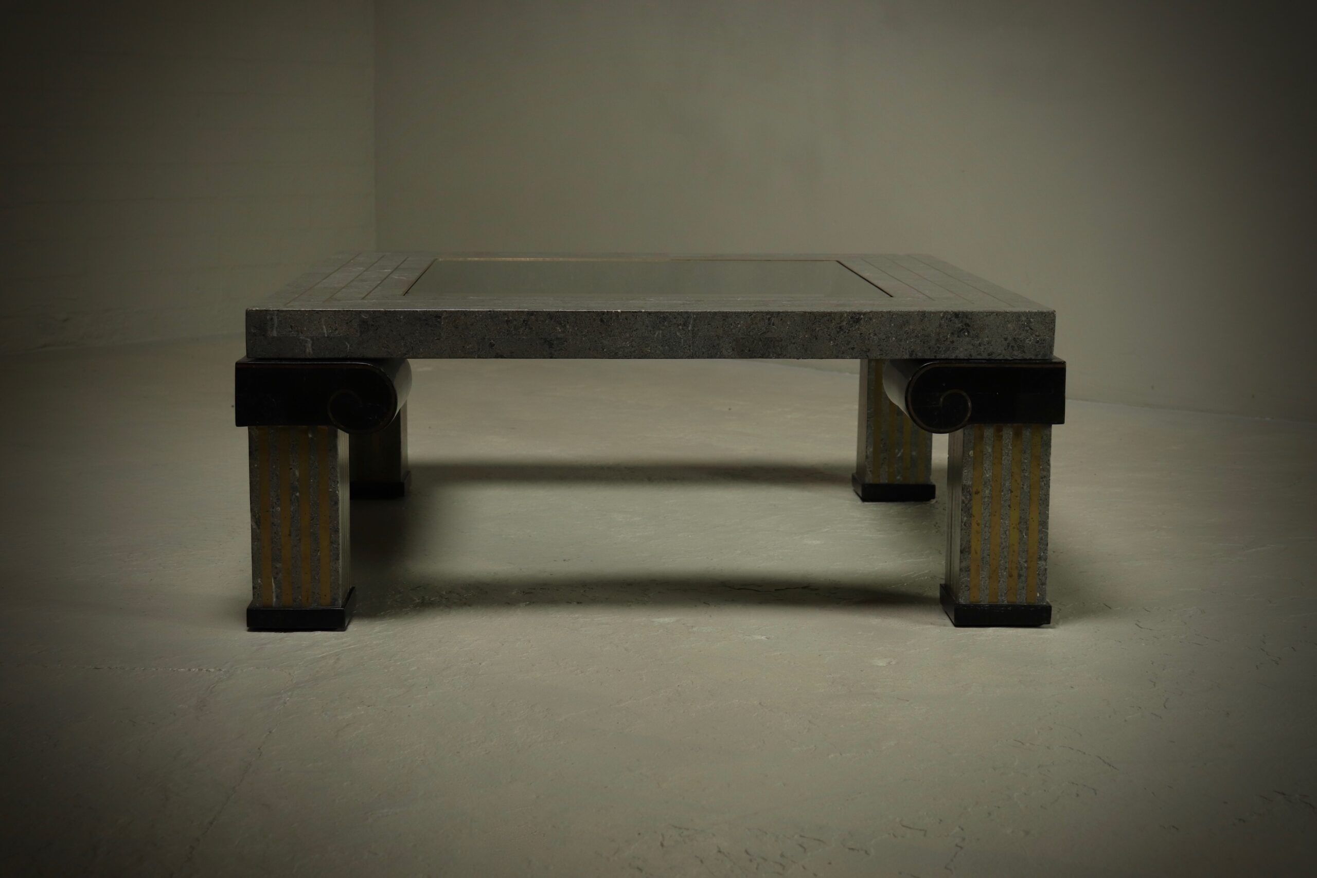 Large Maitland-Smith tessellated stone and brass coffee table 1980s