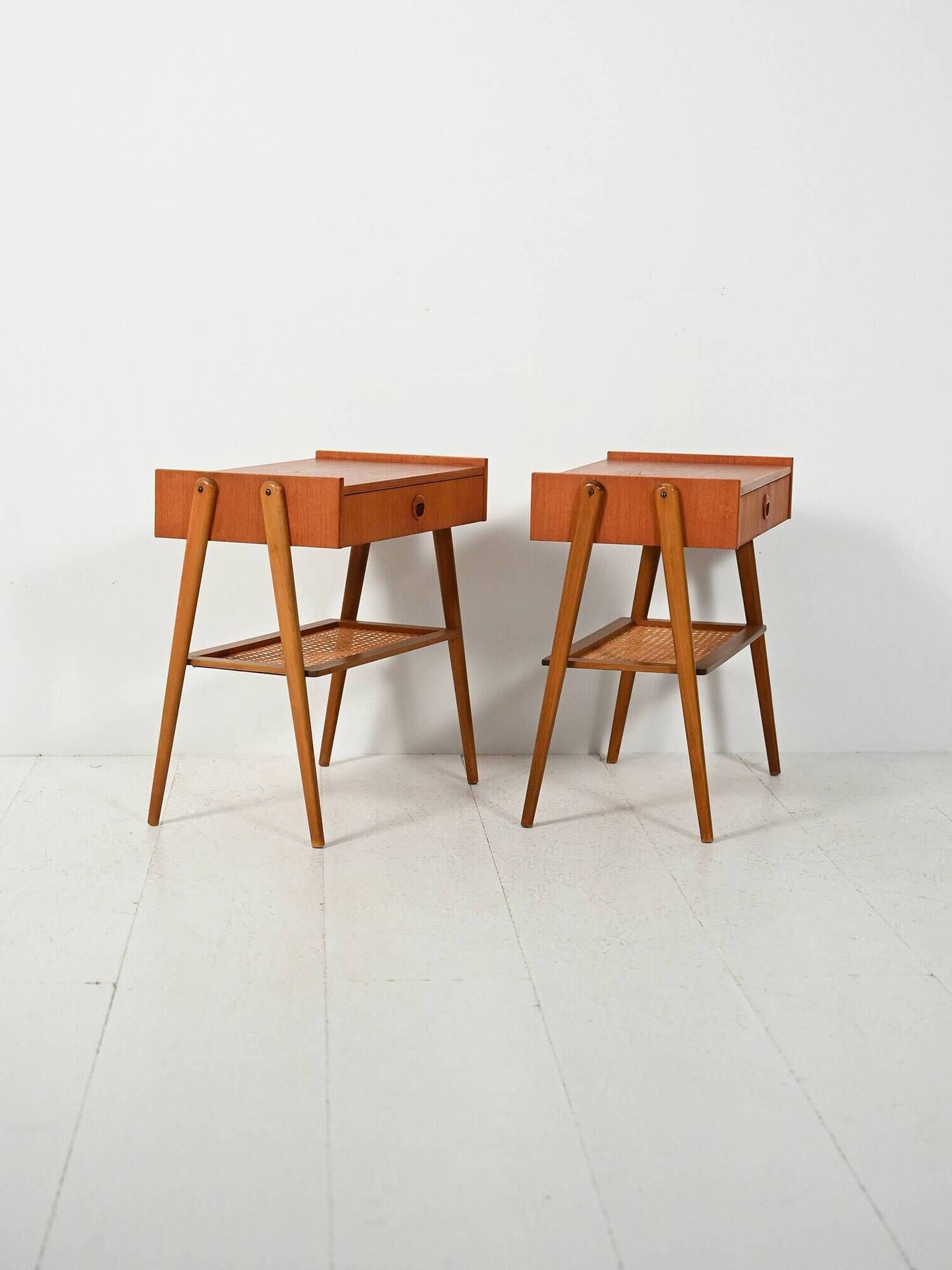 Pair of Scandinavian bedside tables in teak with Vienna cane
