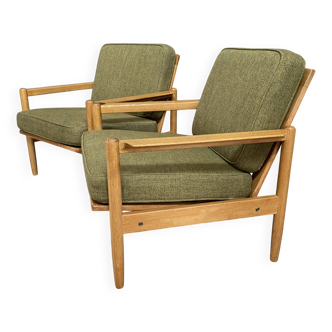 ensemble de fauteuils en tissu vert et bois années 1960