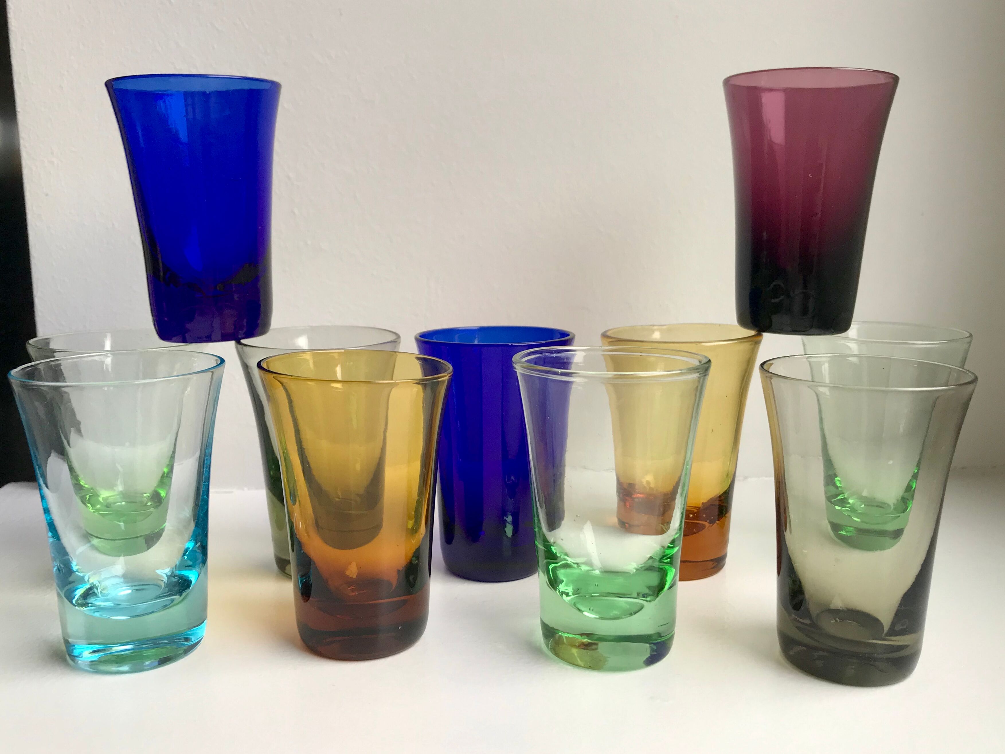 Set of 11 colored glass shot glasses 70s
