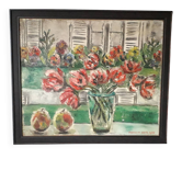 An old oil painting depicting a still life.