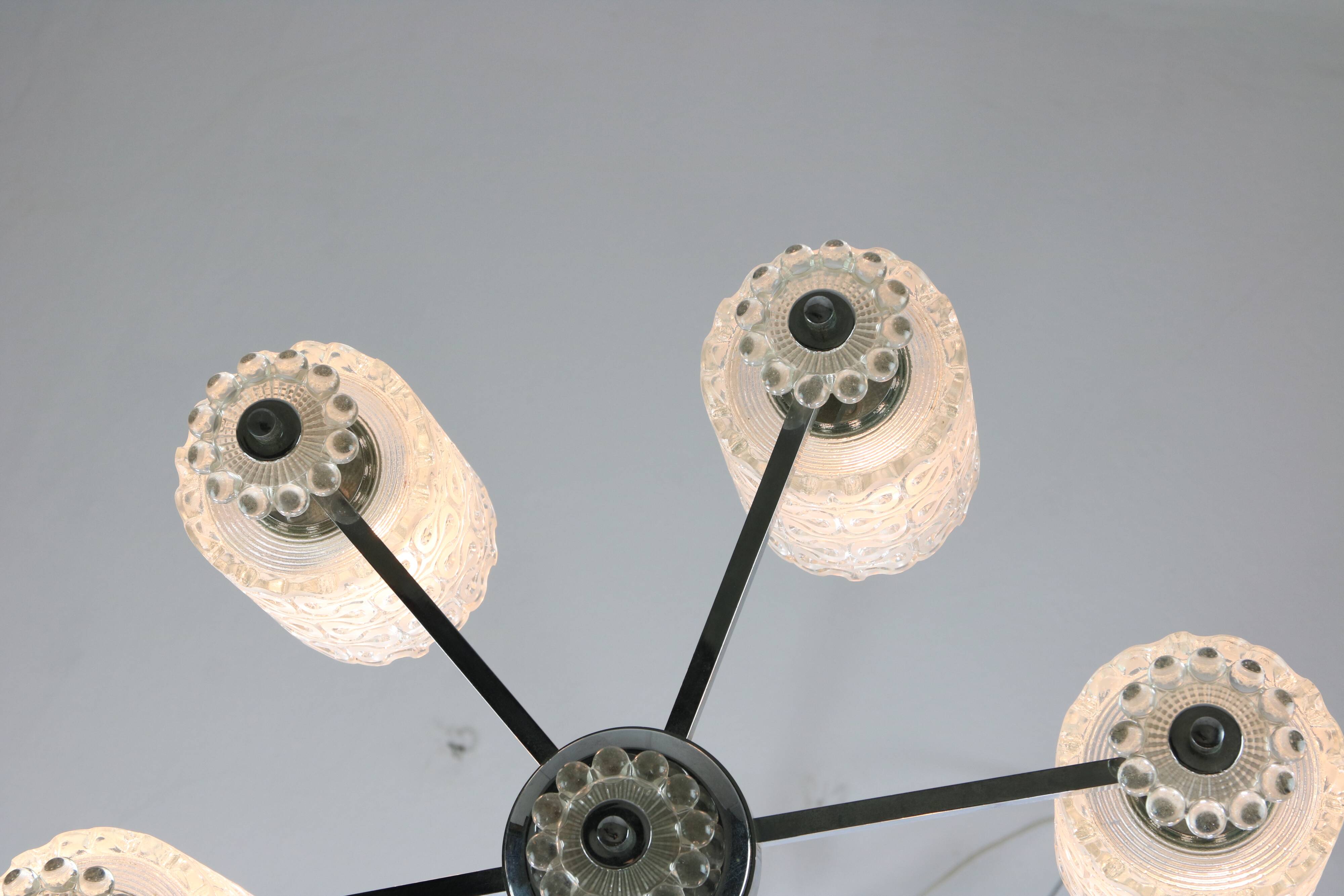 Vintage Austrian Glass Chandelier: Mid-Century Modern Embossed Pendant Lamp