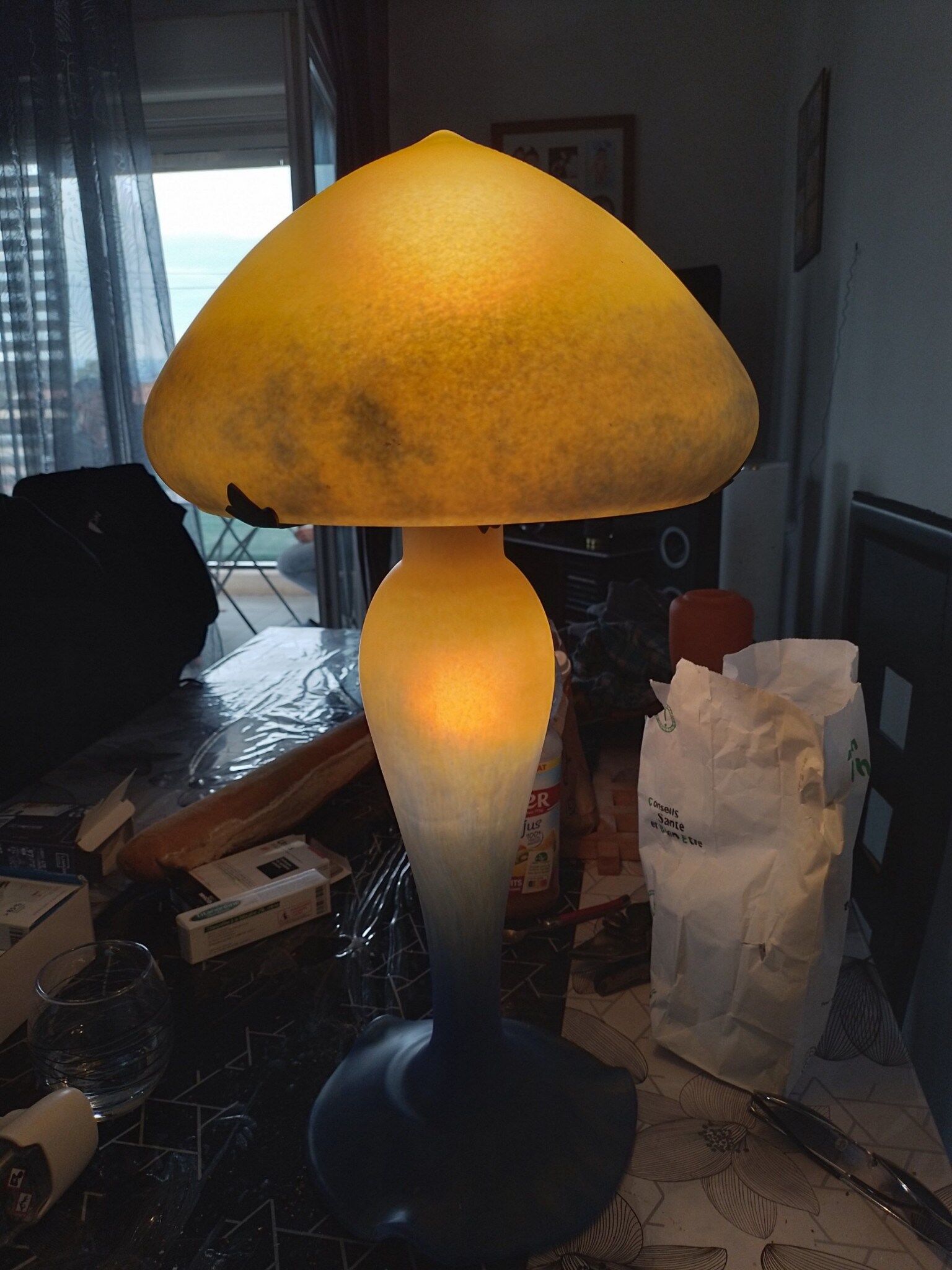 Glass paste lamp signed