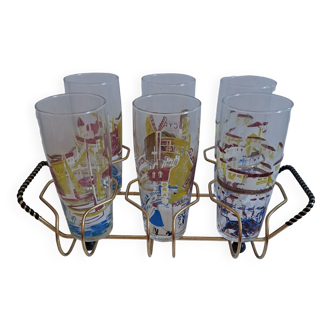 Set of 6 vintage glasses in their basket