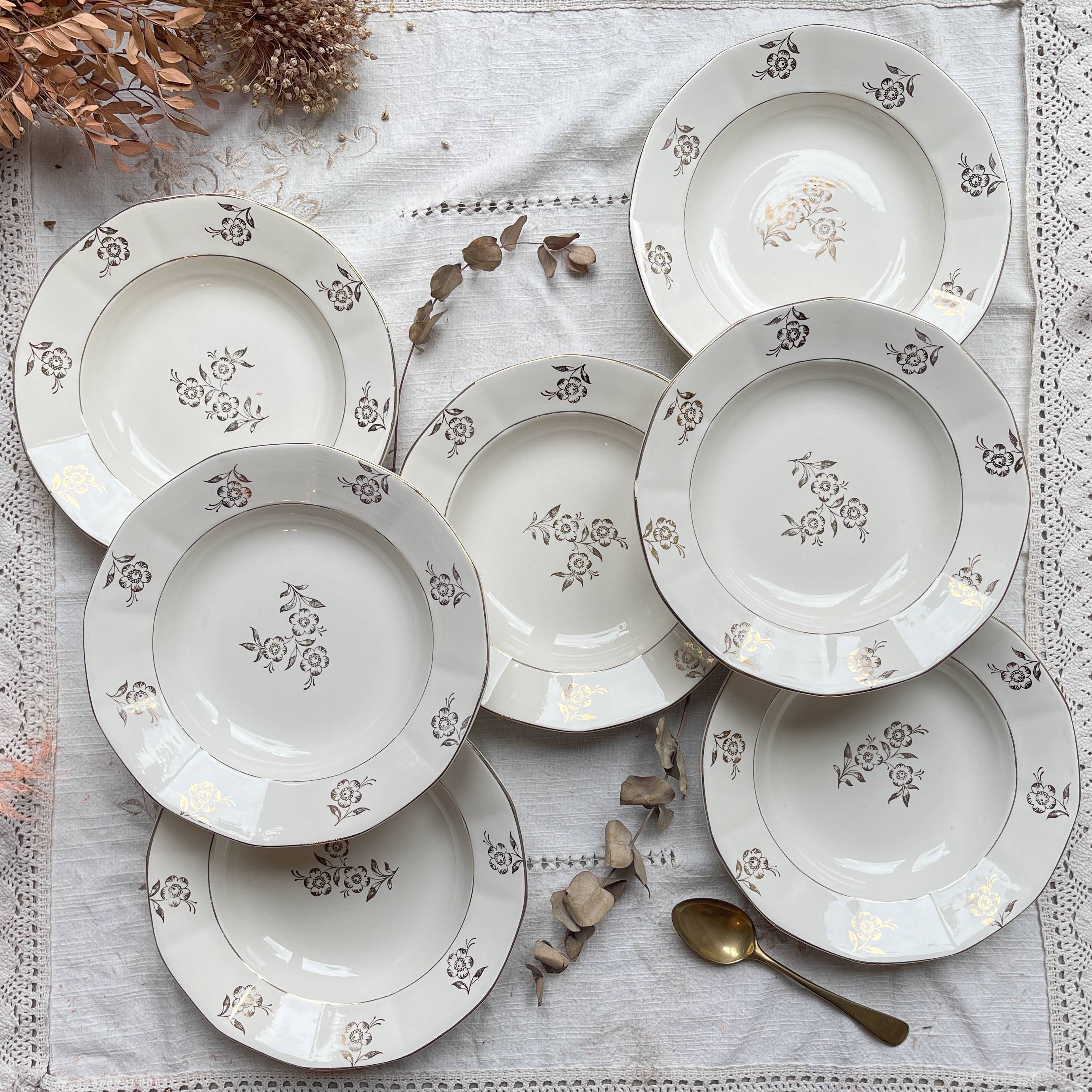 7 vintage porcelain soup plates Digoin Sarreguemines model Raphael with golden flower motif