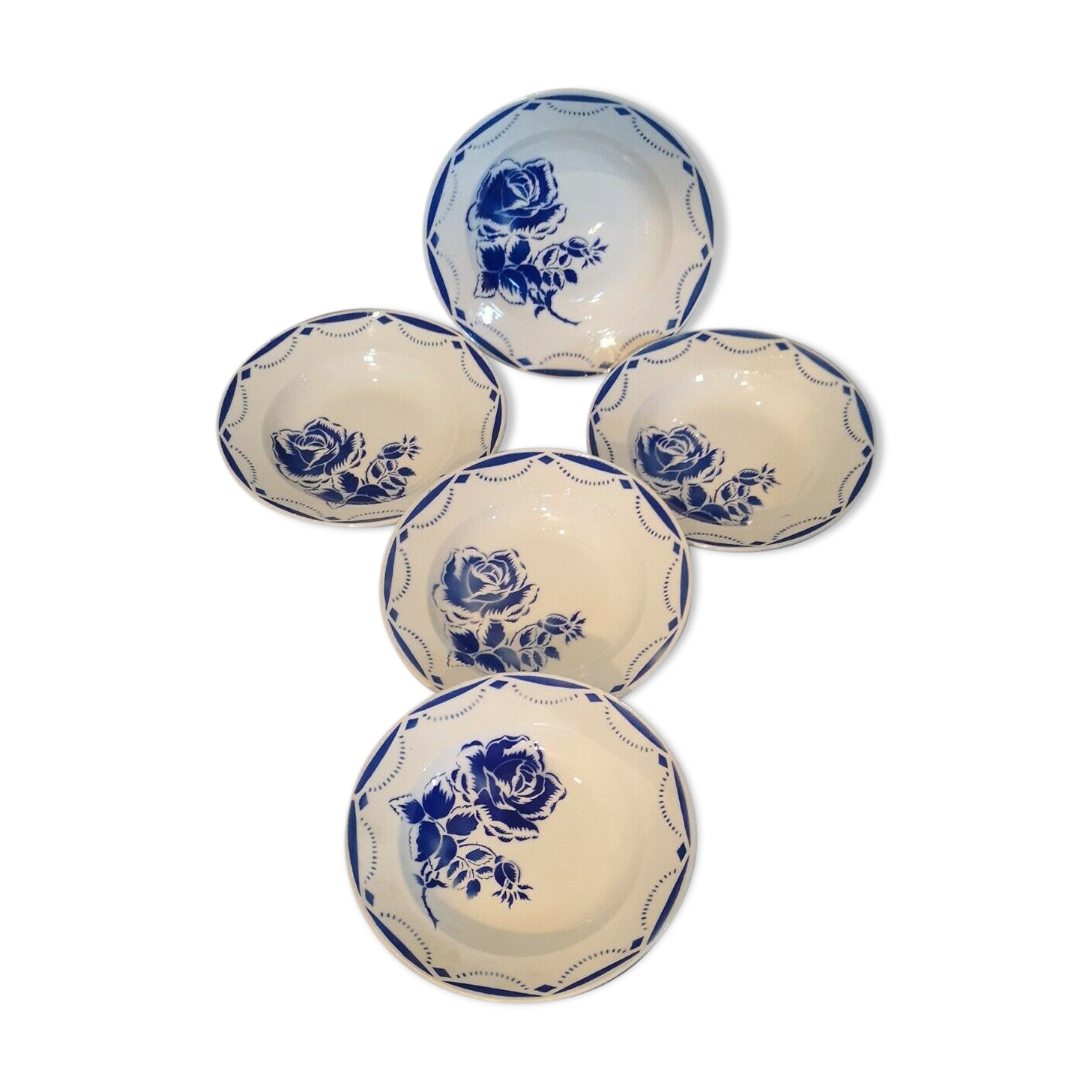 Series of 5 hollow plates in earthenware KG Lunéville decorations RMC