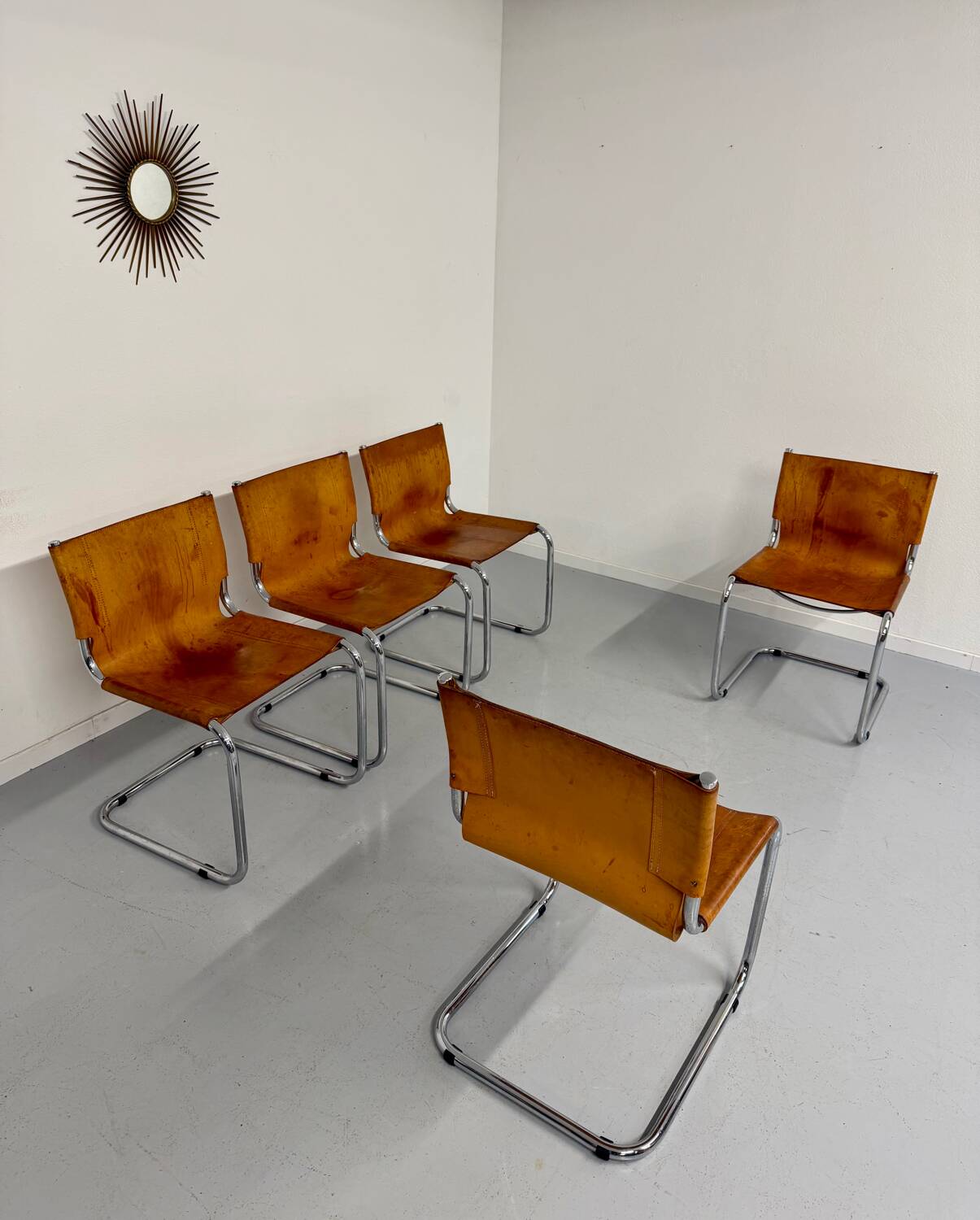 Lot of 5 tubular chairs Mart Stam edition Fasem vintage patinated leather
