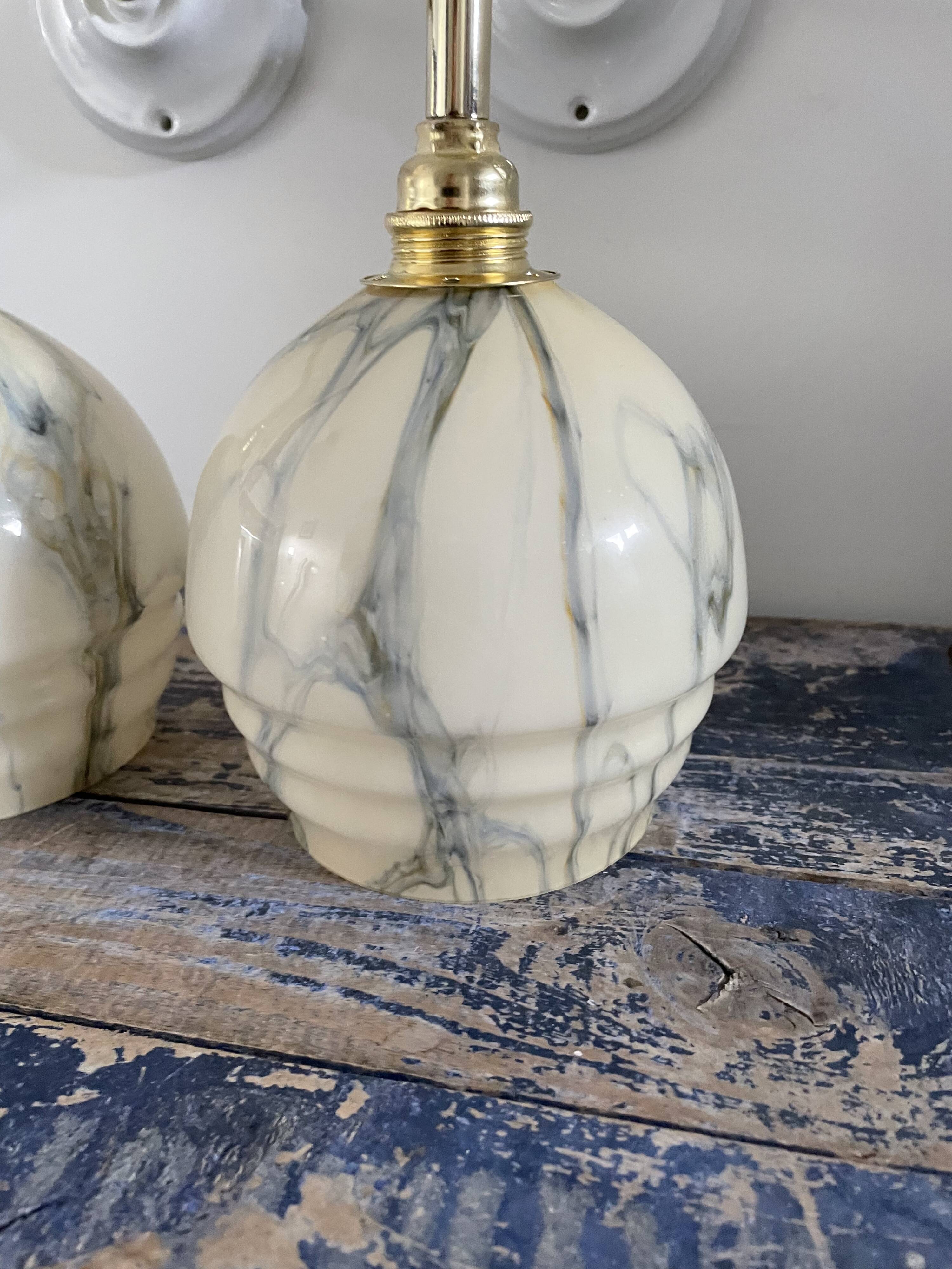 Pair of art deco wall lamps in marbled opaline