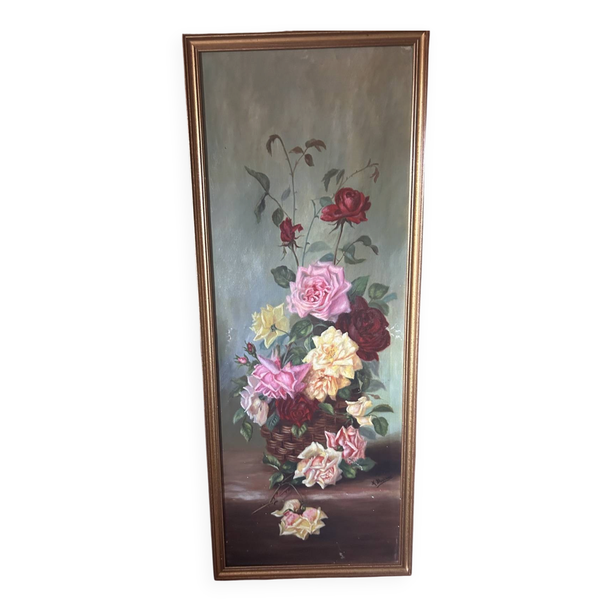 Large antique painting with roses – Oil on canvas from the 1900s – 40 x 102 cm – a large decorative format