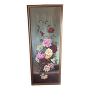Large antique painting with roses – Oil on canvas from the 1900s – 40 x 102 cm – a large decorative format