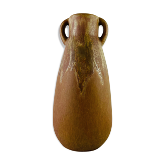 Vase soliflore grés ancien forme amphore marron et or signé Denbac