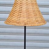 Lampadaire tripode en acier et osier 1950