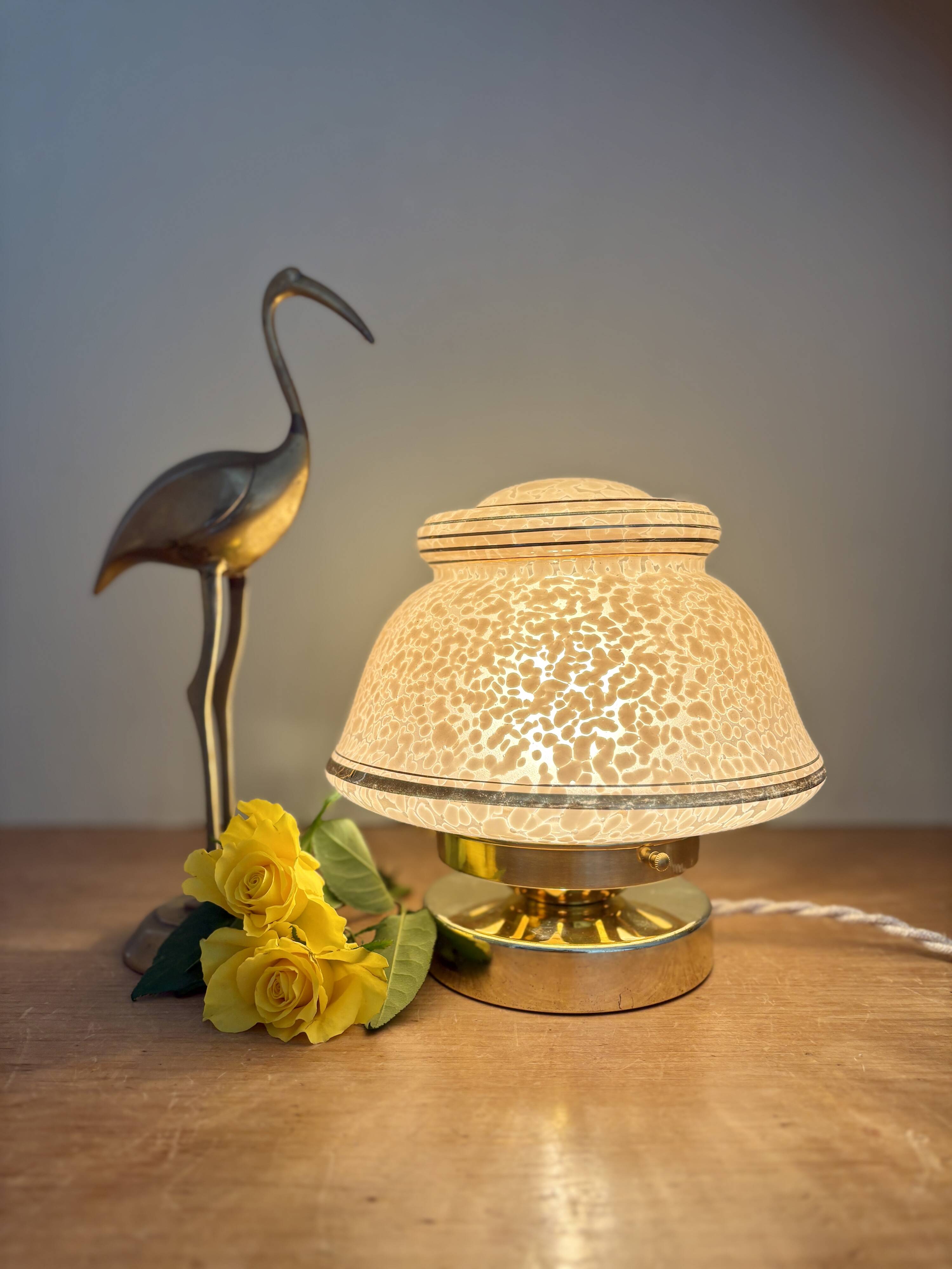 Antique art deco globe table lamp in pink and gold Clichy glass