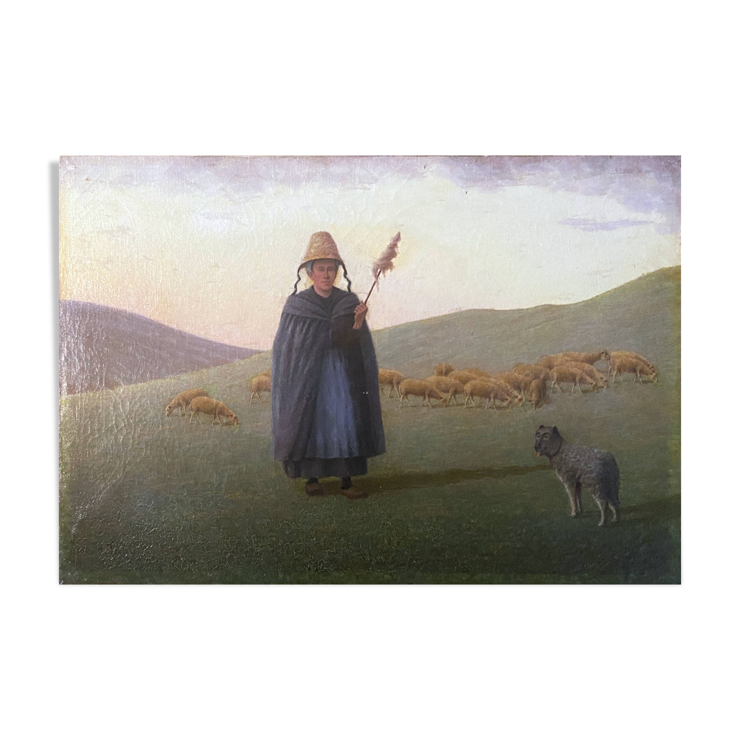 HST painting 19th century Shepherd with sheep and dog in mountain pasture signed A. Treviens
