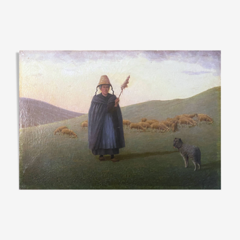 HST painting 19th century Shepherd with sheep and dog in mountain pasture signed A. Treviens