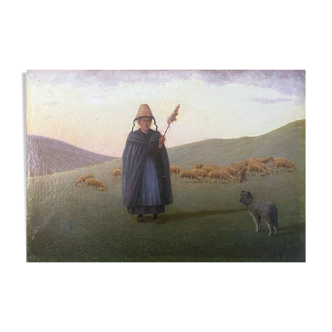 HST painting 19th century Shepherd with sheep and dog in mountain pasture signed A. Treviens