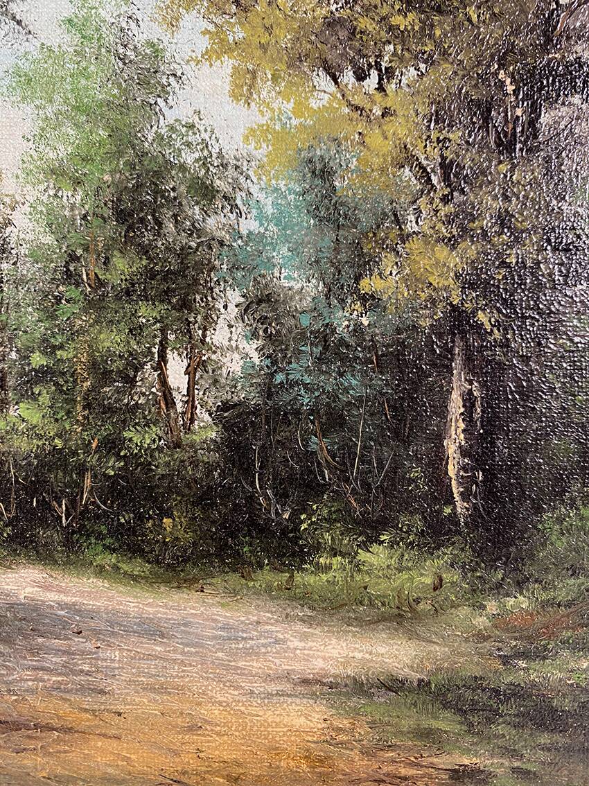 Alain Bonnaud (20th century), small oil on canvas. “Woman on a forest path”
