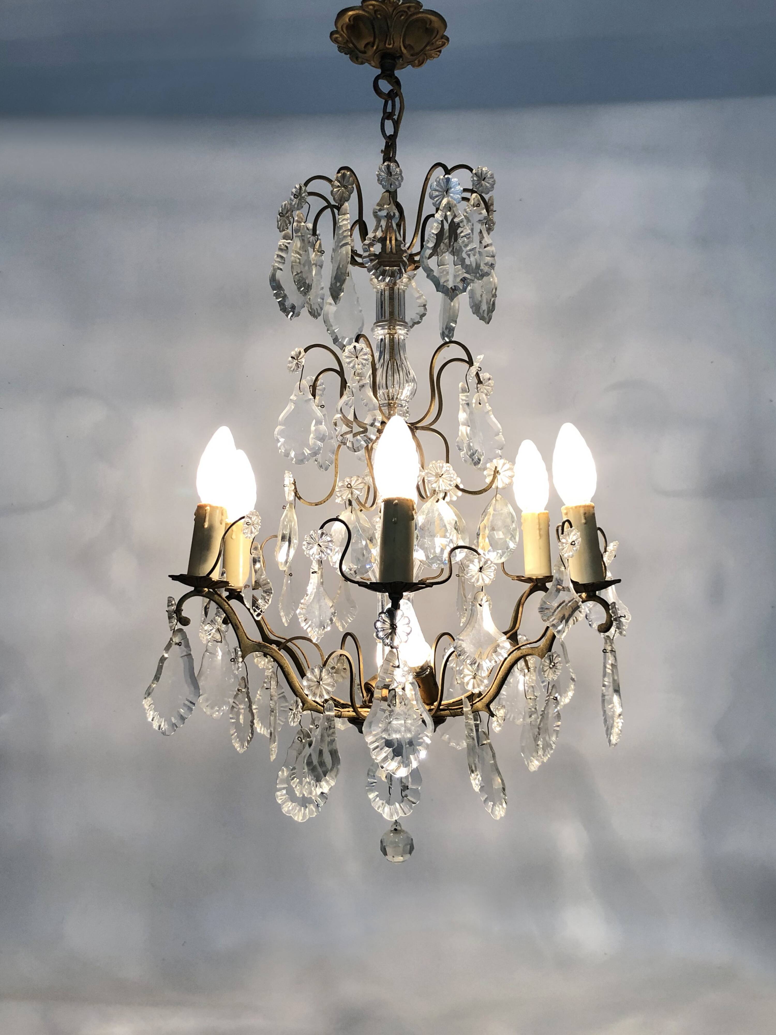 Vintage 8-light chandelier with glass pendants. 1960s.