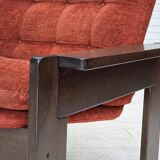 1970s, Danish armchair, orange/red furniture velour, dark oak wood.