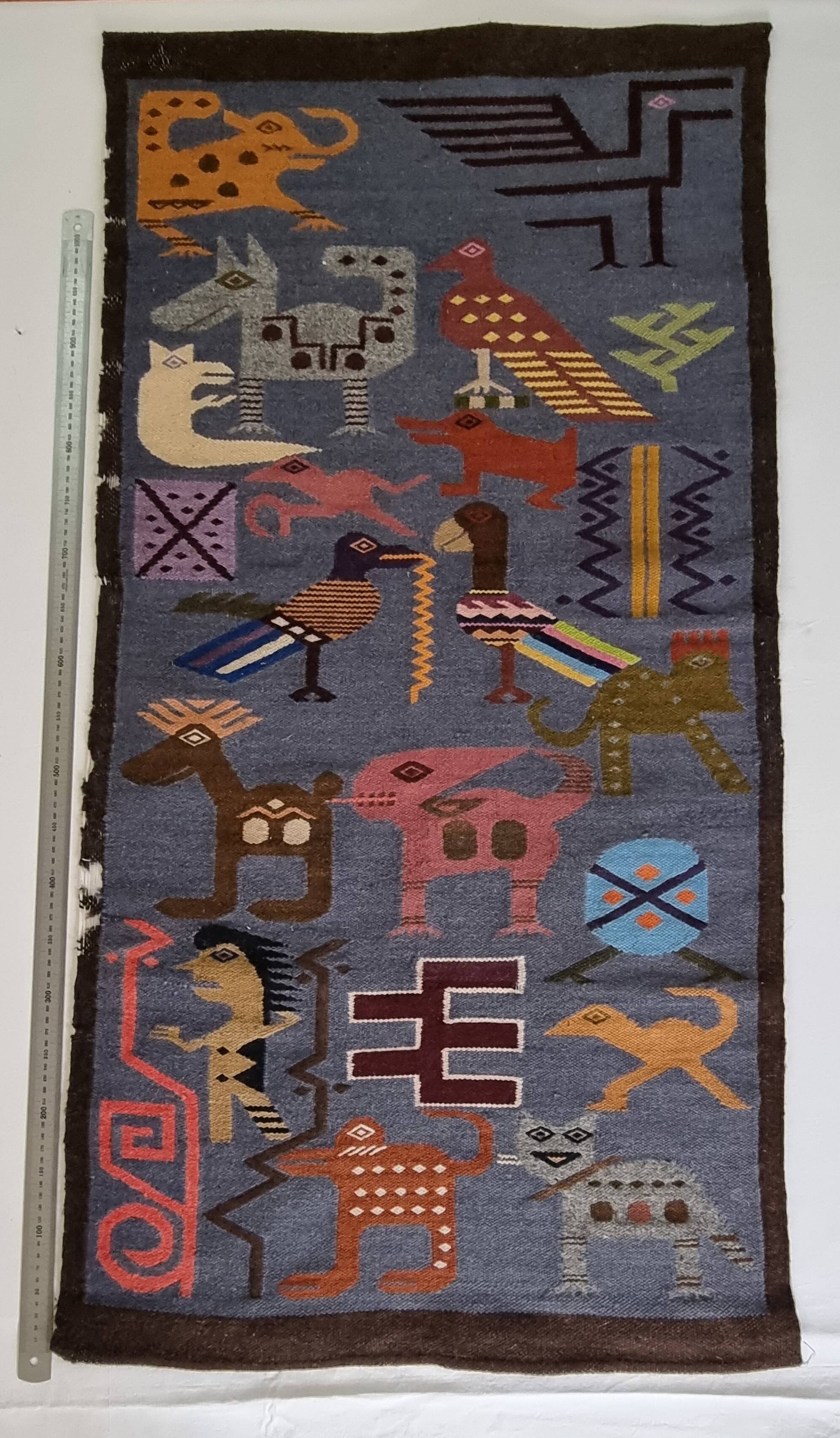 Tapisserie murale péruvienne tissée main, motifs zoomorphes, 120 x 60 cm
