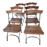 6 FOLDING CHAIRS IN WROUGHT IRON / THICK SOLID TEAK / BUTLER STYLE