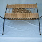 Vintage iron and rattan magazine holder