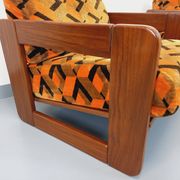 Pair of vintage walnut and velvet fabric sleigh armchairs from the 70s