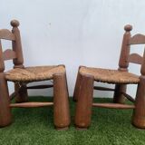 Pair of antique low fire chairs made of wood and straw