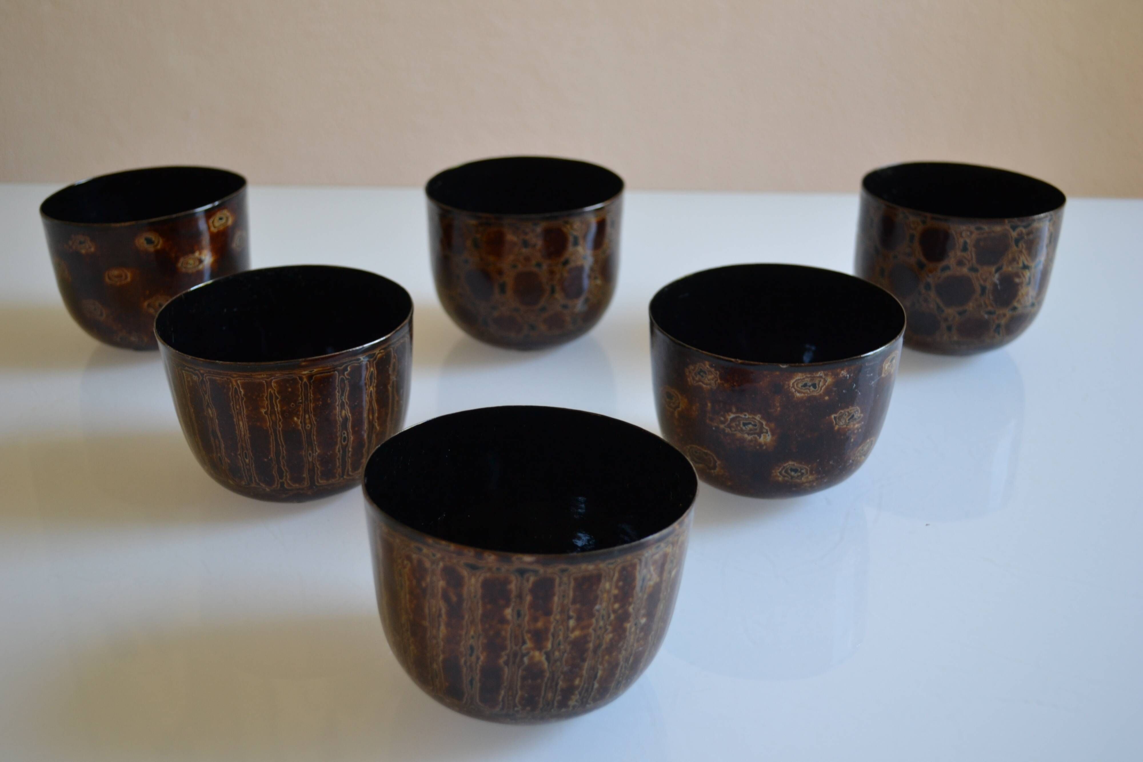 Set of 6 traditional bowls Burmese craftsmanship lacquered bamboo horsehair