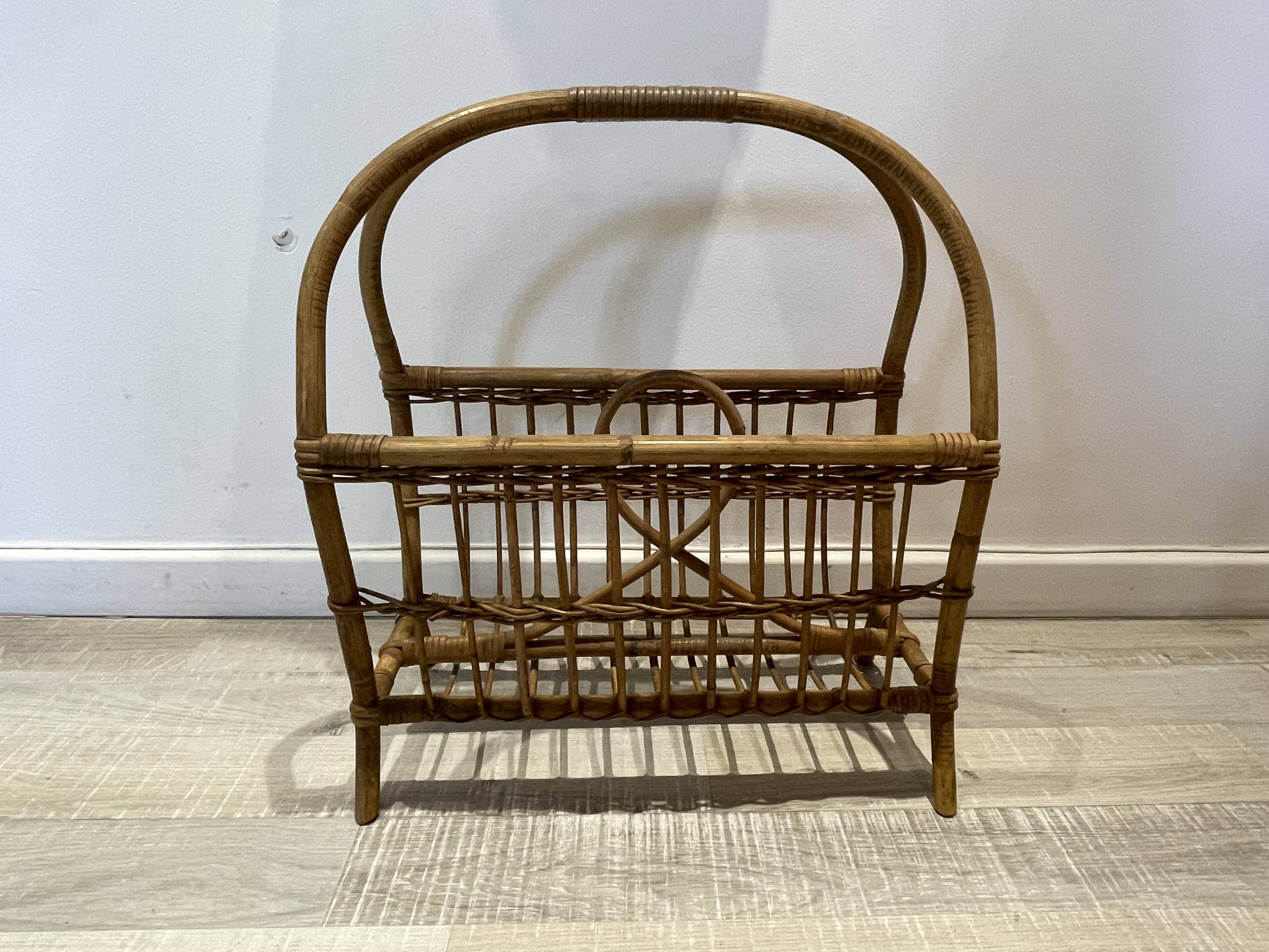 60s rattan magazine rack