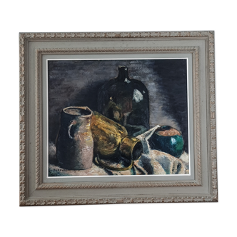 Still life signed Tarayre dated 1953, beautiful carved wood frame 78x90 cm SB