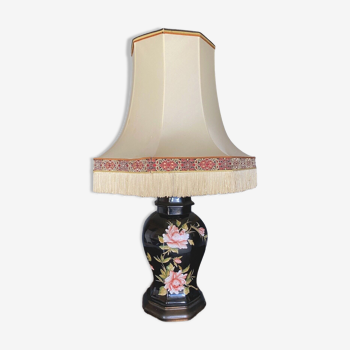 Lampe drimmer milieu xxe porcelaine decor peint abat-jour tissu origine