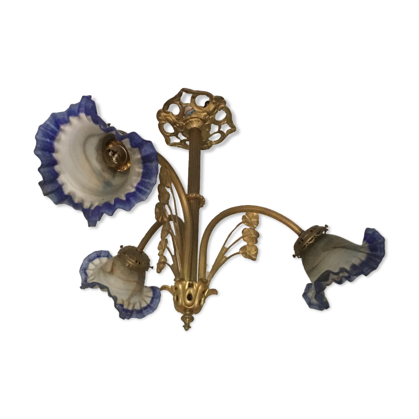 Art Deco style chandelier, bronze and glass paste tulips