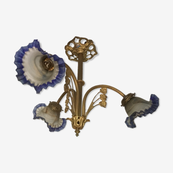 Art Deco style chandelier, bronze and glass paste tulips