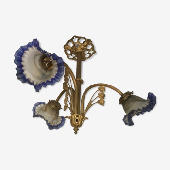 Lustre style Art déco, en bronze et tulipes pâte de verre