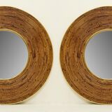 Round mid century modern mirror with wicker frame 100cm