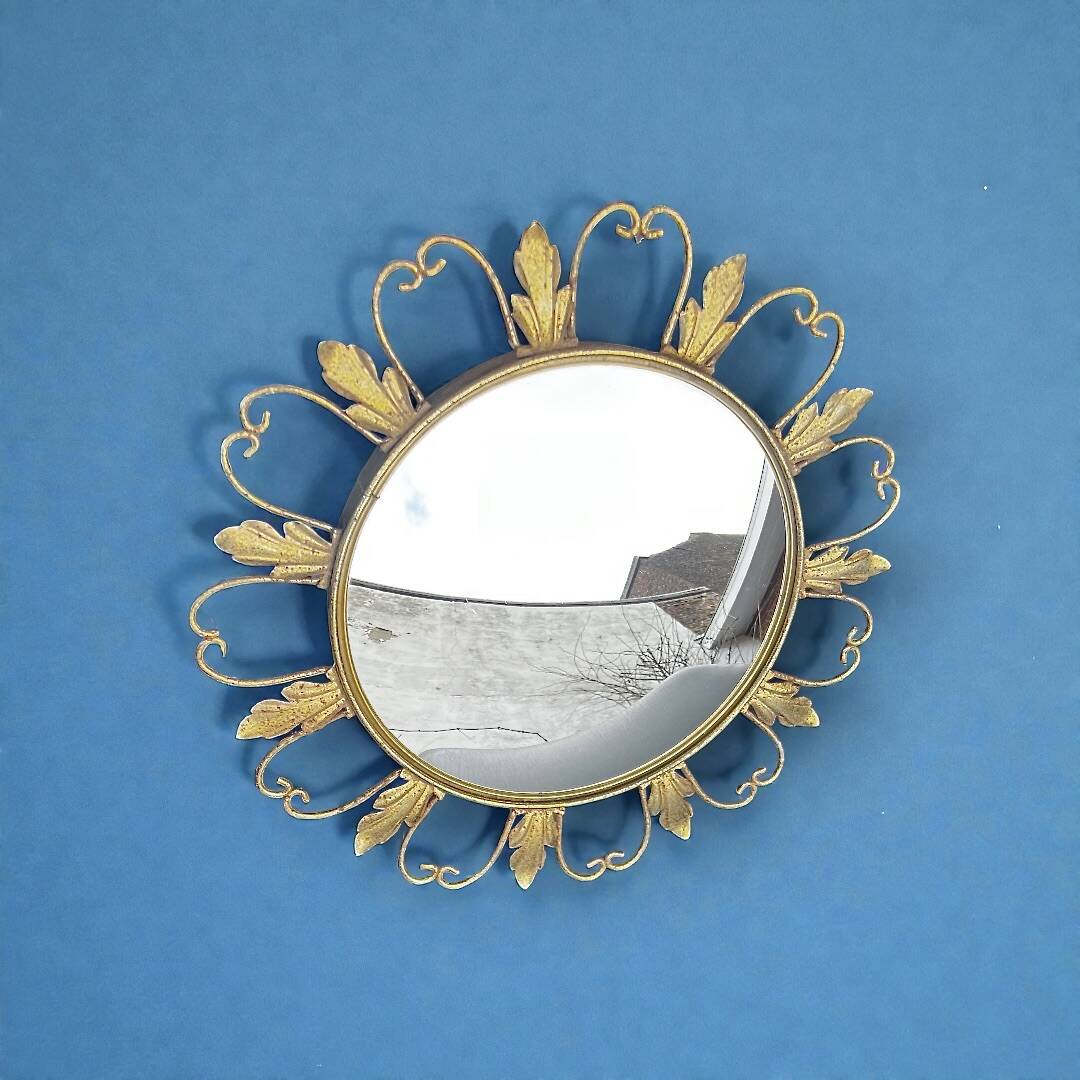 Circular gold metal mirror with floral decoration – 1960s