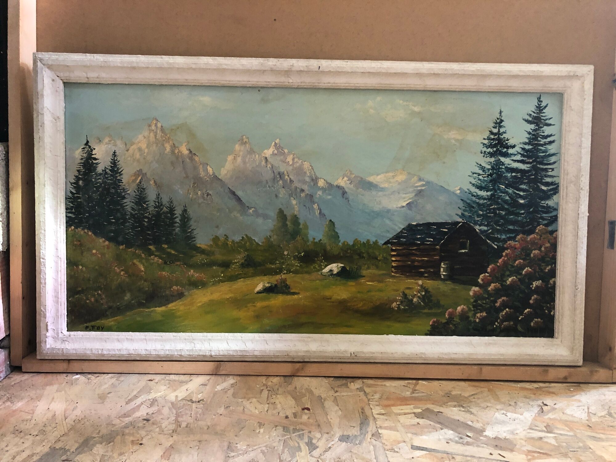 Old painting oil on panel p. FOY Mountain view + Frame Wood Vintage White