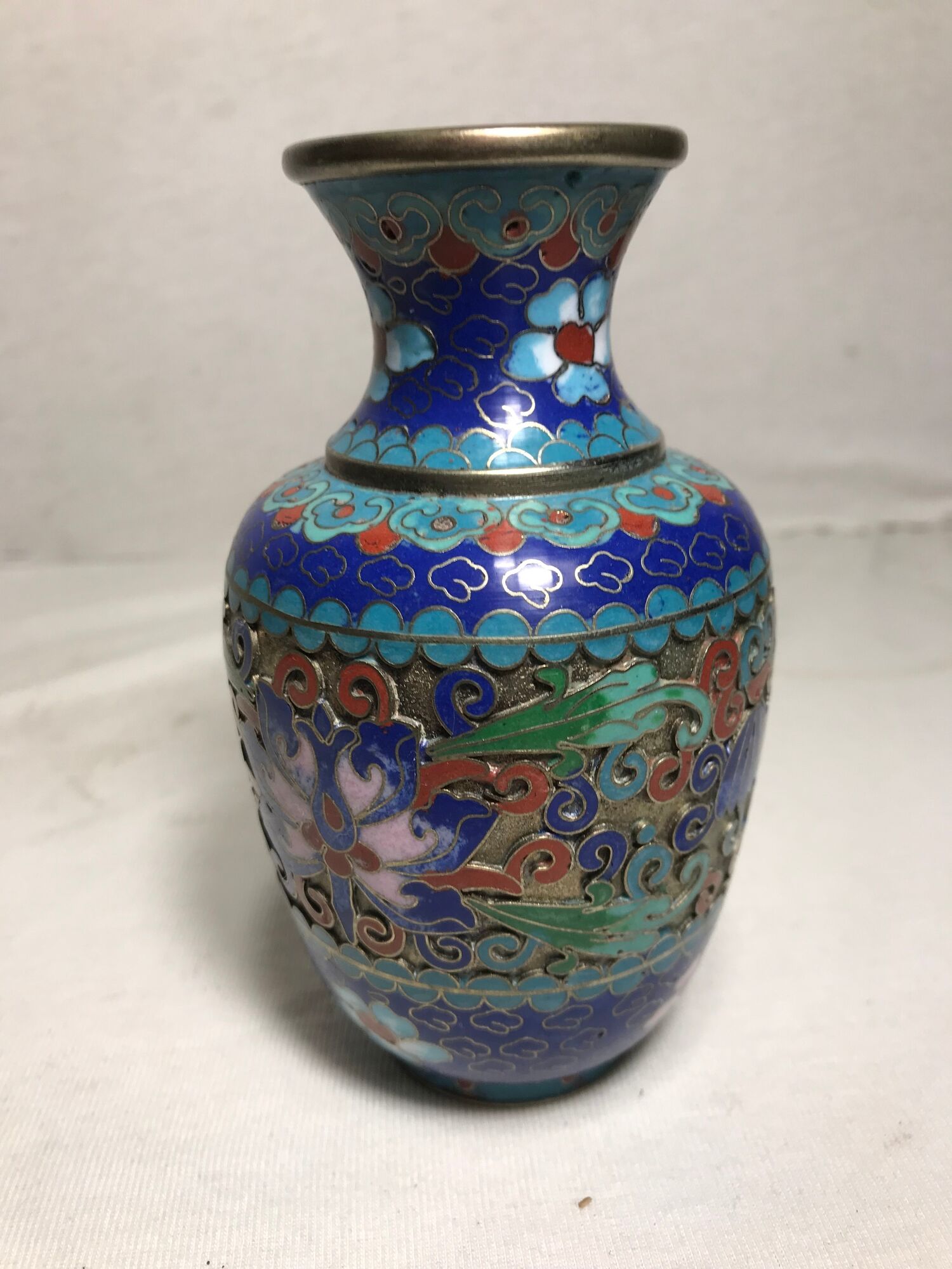 Old Vase Cloisonne enameled flowers designs Metal Decoration Vintage #3