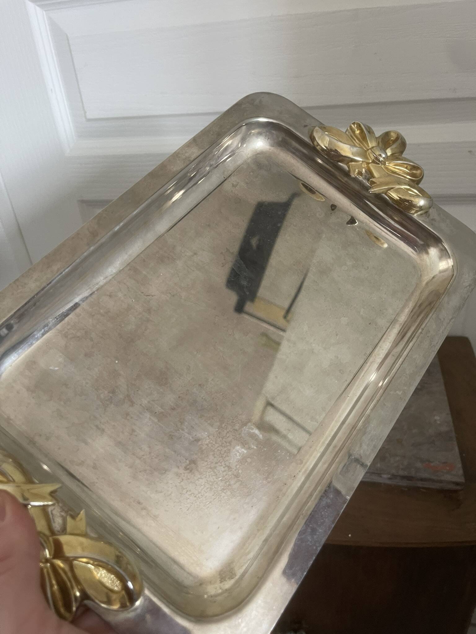 Vintage Silver-Plated Metal Art Deco Serving Tray with Gilded Knot Handle