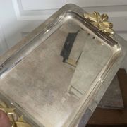 Vintage Silver-Plated Metal Art Deco Serving Tray with Gilded Knot Handle