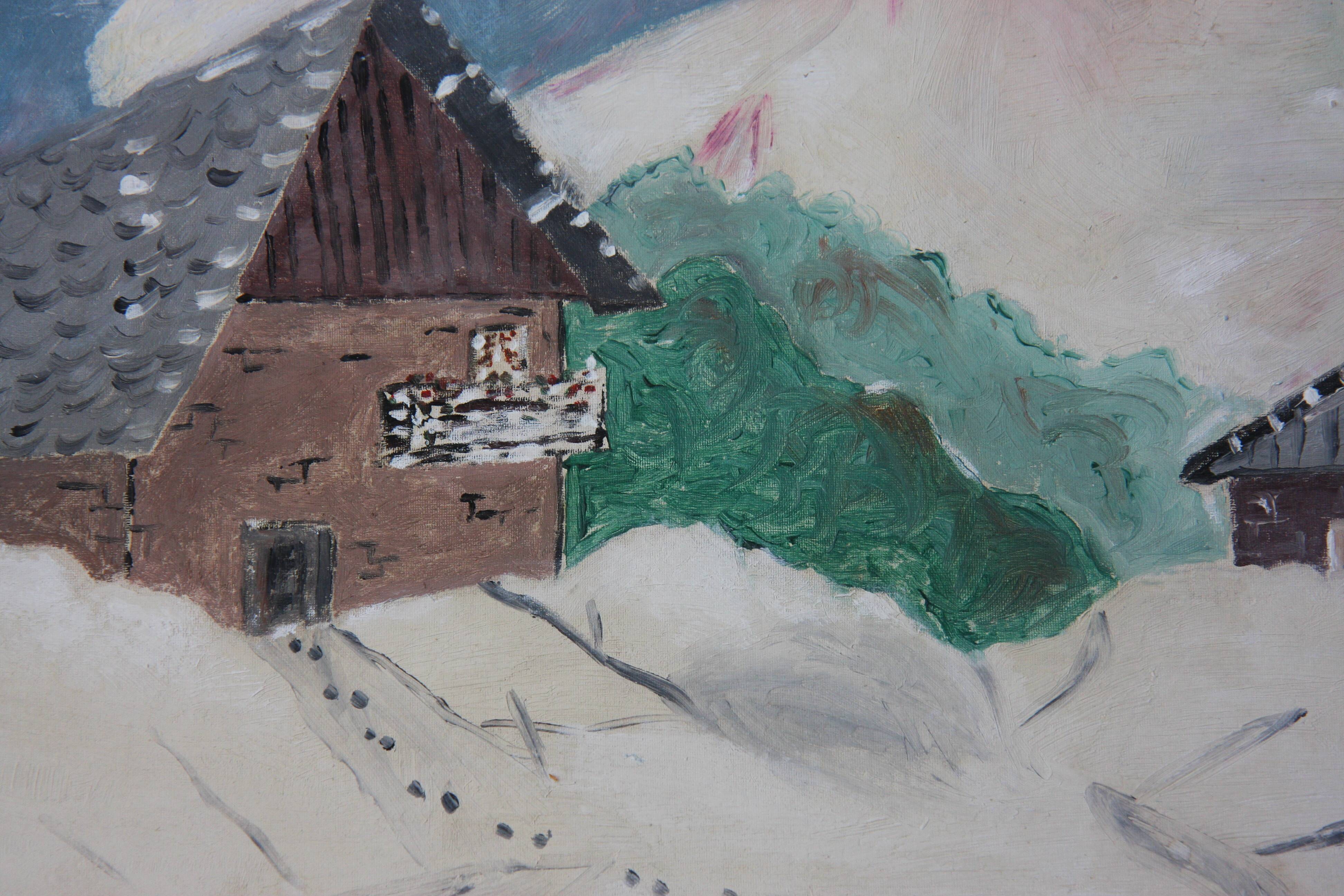 Naive painting, mountain landscape under the snow.