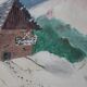 Tableau naïf, paysage de montagne sous la neige.
