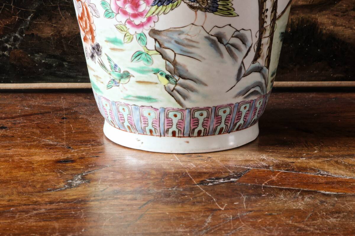 Chinese porcelain vase, peacocks, birds, trees, peonies