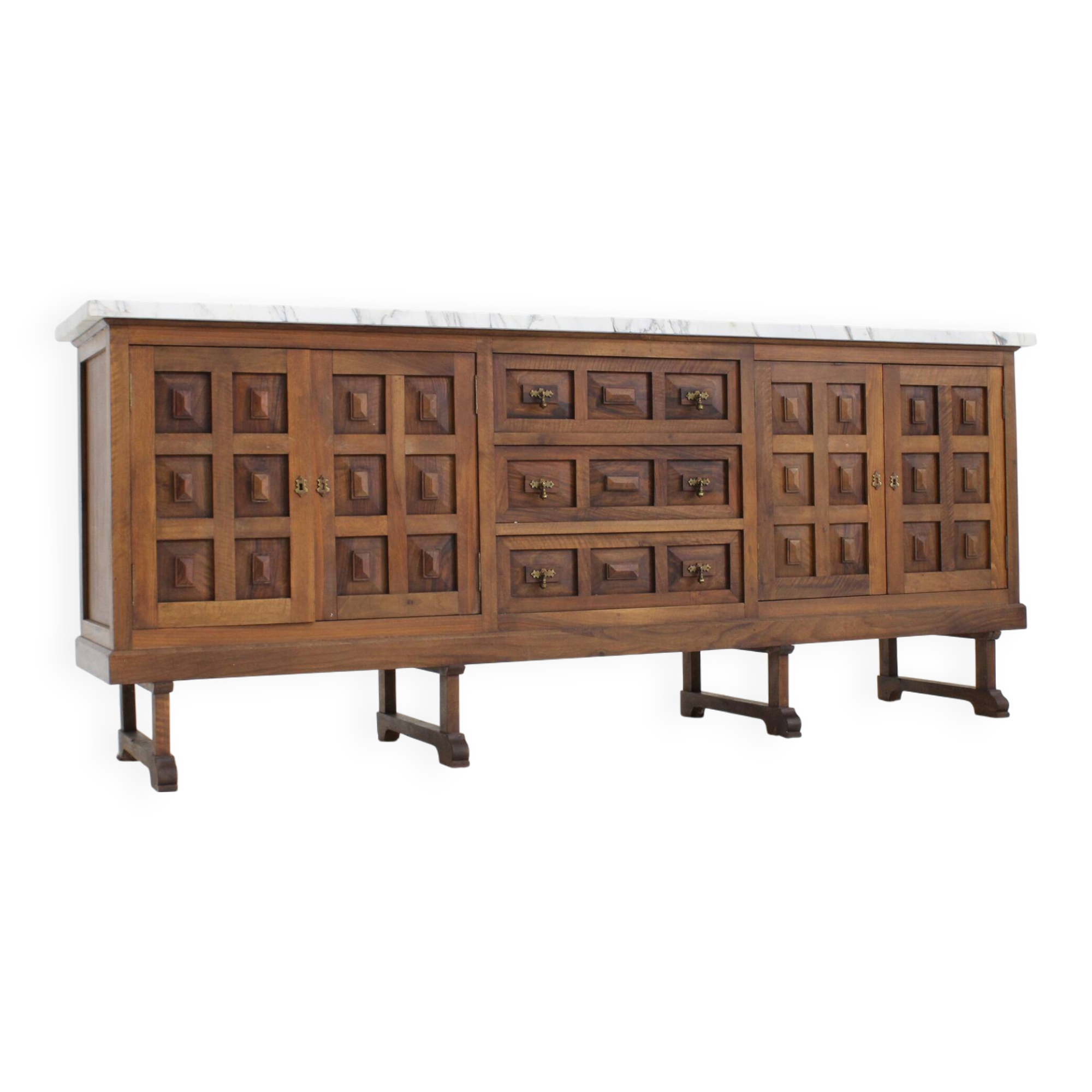 Buffet brutaliste espagnol en bois massif et marbre