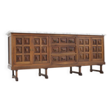 Buffet brutaliste espagnol en bois massif et marbre