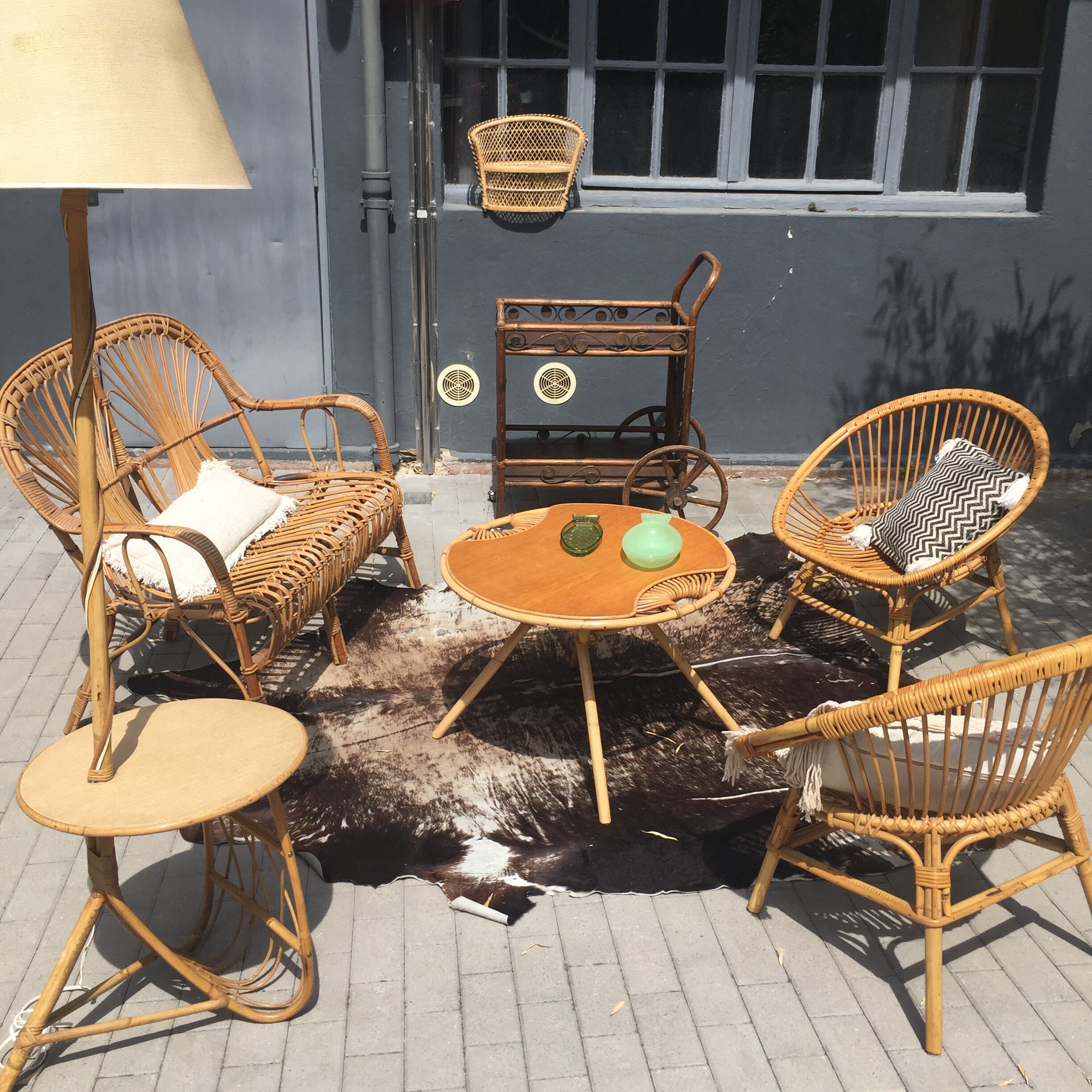 Vintage rattan and bamboo bench